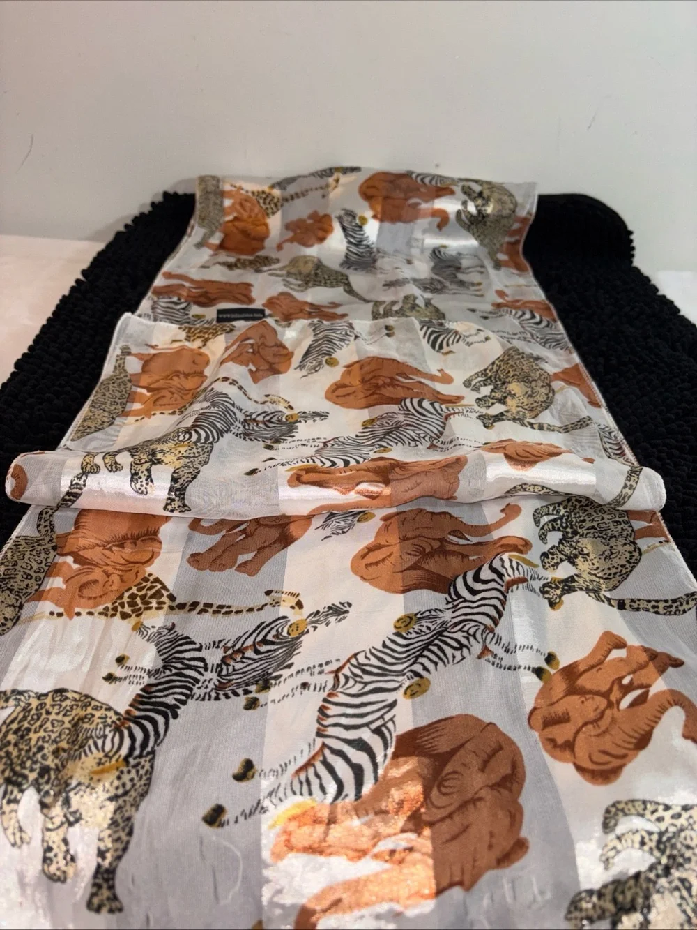 Into Africa Zebra Print Satin Scarf - White, Black, Gold, Brown. 1081